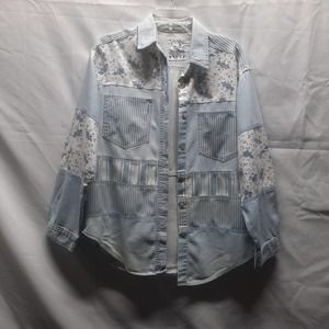 Andrew Blues Mixed Fabric Lt blue denim, gingham floral button up long sleeve